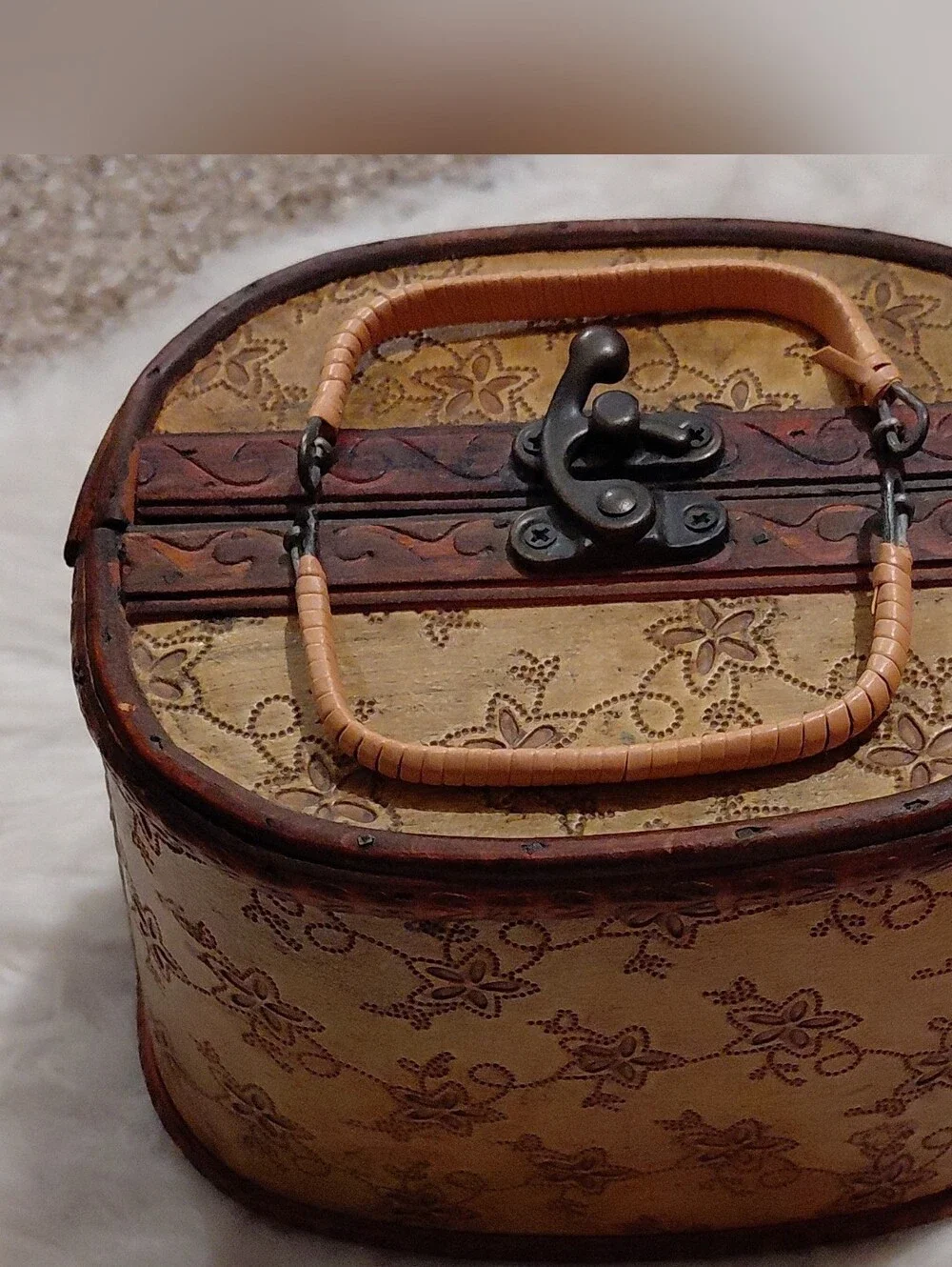 Tan Floral-Embossed Cosmetic Case with Top Handle